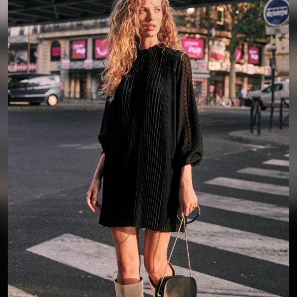 Sezane Armance Black Pleated Plumetis
Chiffon Mini Dress